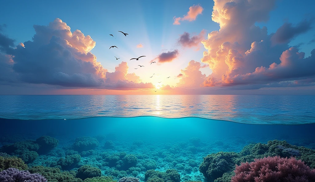 An image that combines the sky and the sea, showing a sky full of clouds and vibrant colors at dawn or dusk, with birds flying. down, a vast ocean with colorful coral reefs and abundant marine life. The scene must capture the serenity of the sky and the mystery of the sea, both reflecting the grandeur and complexity of divine creation."