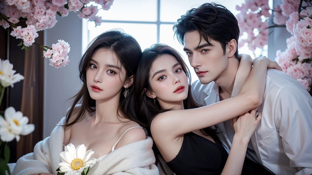 Modern. Russian couple. A man (mature) and beautiful girl . elegant couple. Casual wear. Dark hair color. Very deatiled face. pretty eyes (perfect eyes). 8K resolution. Masterpiece, love, glowing light. Look at the viewer. white petals. Bright color.
