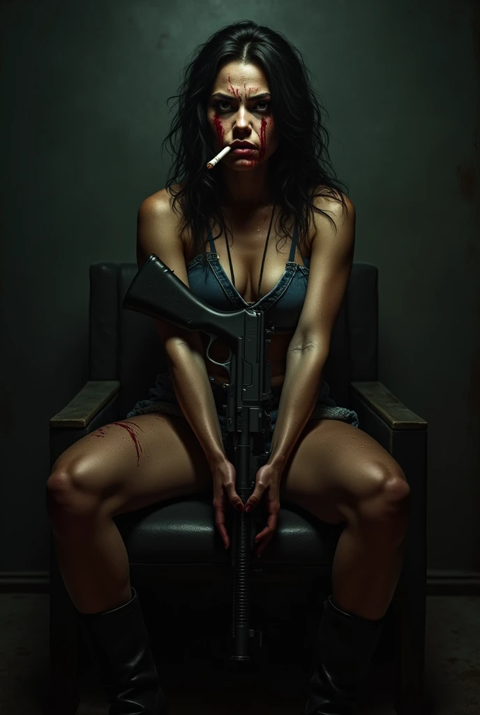  The women waring a denim short.and blacl boot shoes And his holding a big gun.his face and hand bleeding blood and his smoking and the background the dark room his sitting a chair