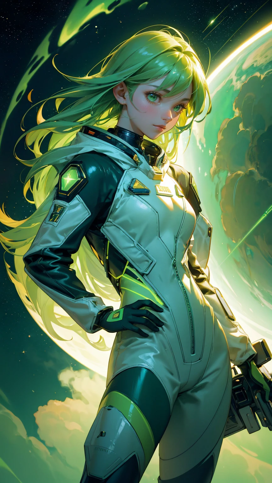 A beautiful, cute girl in a sleek green astronaut suit, riding a green-themed rocket soaring through a cosmic space filled with green hues. Her suit and the rocket are both detailed with glowing green accents and digital patterns, reflecting the surrounding cosmic light. In the background, a green-tinted planet glows amidst a galaxy filled with green nebulae, stars, and shooting comets. Golden cryptocurrency coins float around her, adding a futuristic and adventurous feel. The entire scene is immersed in vibrant green tones, from the swirling space clouds to the distant celestial bodies, creating a cohesive and dynamic sci-fi atmosphere.