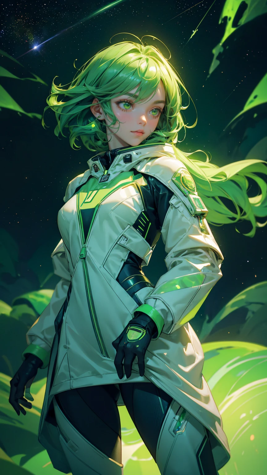 A beautiful, cute girl in a sleek green astronaut suit, riding a green-themed rocket soaring through a cosmic space filled with green hues. Her suit and the rocket are both detailed with glowing green accents and digital patterns, reflecting the surrounding cosmic light. In the background, a green-tinted planet glows amidst a galaxy filled with green nebulae, stars, and shooting comets. Golden cryptocurrency coins float around her, adding a futuristic and adventurous feel. The entire scene is immersed in vibrant green tones, from the swirling space clouds to the distant celestial bodies, creating a cohesive and dynamic sci-fi atmosphere.