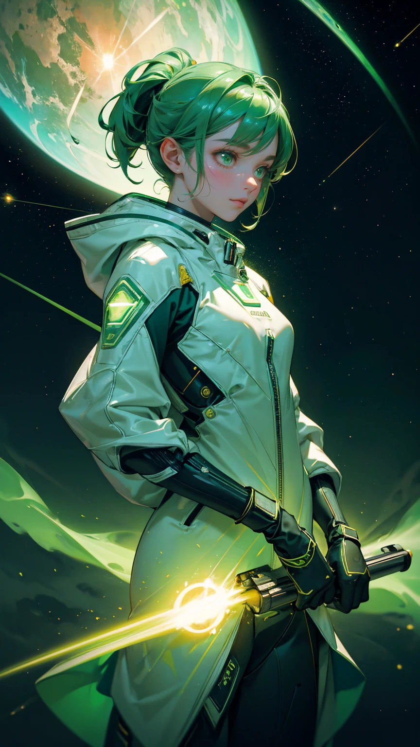 A beautiful, cute girl in a sleek green astronaut suit, riding a green-themed rocket soaring through a cosmic space filled with green hues. Her suit and the rocket are both detailed with glowing green accents and digital patterns, reflecting the surrounding cosmic light. In the background, a green-tinted planet glows amidst a galaxy filled with green nebulae, stars, and shooting comets. Golden cryptocurrency coins float around her, adding a futuristic and adventurous feel. The entire scene is immersed in vibrant green tones, from the swirling space clouds to the distant celestial bodies, creating a cohesive and dynamic sci-fi atmosphere.