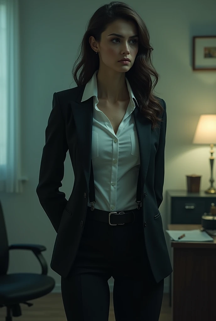 The woman has her hands tied、put your hands behind your back、(((I clasped my hands behind my back)))、a woman in a suit, belt, hands behind back, sweating, suspenders, black pants, sexly, large breasts, see-through clothing,, detective, office worker, white button-up shirt, (best quality,4K,8k,highres,masterpiece:1.2),ultra-detailed,(realistic,photorealistic,photo-realistic:1.37),hyper-detailed,highly detailed face and body, Slender　thin　suspenders　Moderate breasts　See-through shirt　Nipples　holster　chain　Pistol　Armament　criminal　Female criminal　knife　japanese　profile　Japanese women　arrested handcuff　Cable tie on thumb　Constraints
