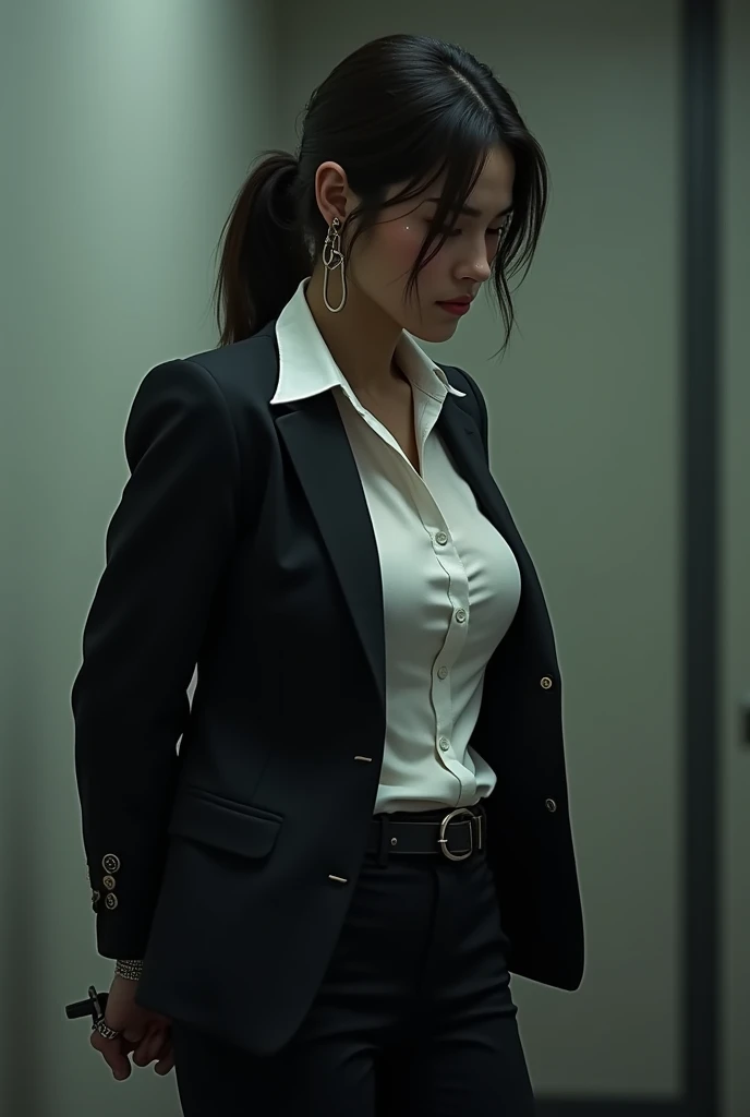The woman has her hands tied、put your hands behind your back、(((I clasped my hands behind my back)))、a woman in a suit, belt, hands behind back, sweating, suspenders, black pants, sexly, large breasts, see-through clothing,, detective, office worker, white button-up shirt, (best quality,4K,8k,highres,masterpiece:1.2),ultra-detailed,(realistic,photorealistic,photo-realistic:1.37),hyper-detailed,highly detailed face and body, Slender thin suspenders Moderate breasts See-through shirt Nipples holster chain Pistol Armament criminal Female criminal knife japanese profile Japanese women arrested handcuff Cable tie on thumb Constraints