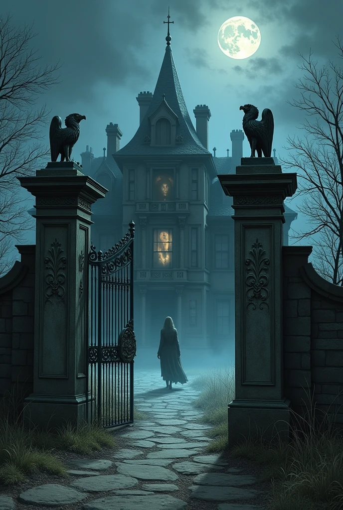 A spooky mansion with a gatepost decorated with griffin carvings、Abandoned house、fog、Dark Night、Abandoned houseの窓の中に女性のシルエットが見える、High definition、Intricate drawing、