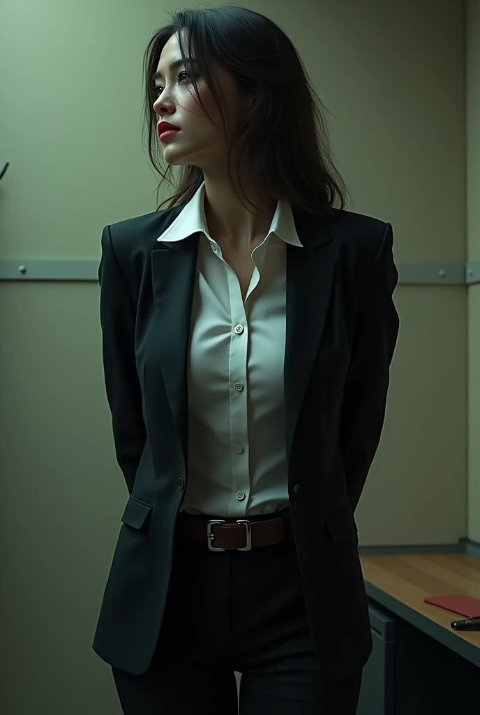 The woman has her hands tied、put your hands behind your back、(((I clasped my hands behind my back)))、a woman in a suit, belt, hands behind back, sweating, suspenders, black pants, sexly, large breasts, see-through clothing,, detective, office worker, white button-up shirt, (best quality,4K,8k,highres,masterpiece:1.2),ultra-detailed,(realistic,photorealistic,photo-realistic:1.37),hyper-detailed,highly detailed face and body, Slender　thin　suspenders　Moderate breasts　See-through shirt　Nipples　holster　chain　Pistol　Armament　criminal　Female criminal　knife　japanese　profile　Japanese women　arrested handcuff　Cable tie on thumb　Constraints

