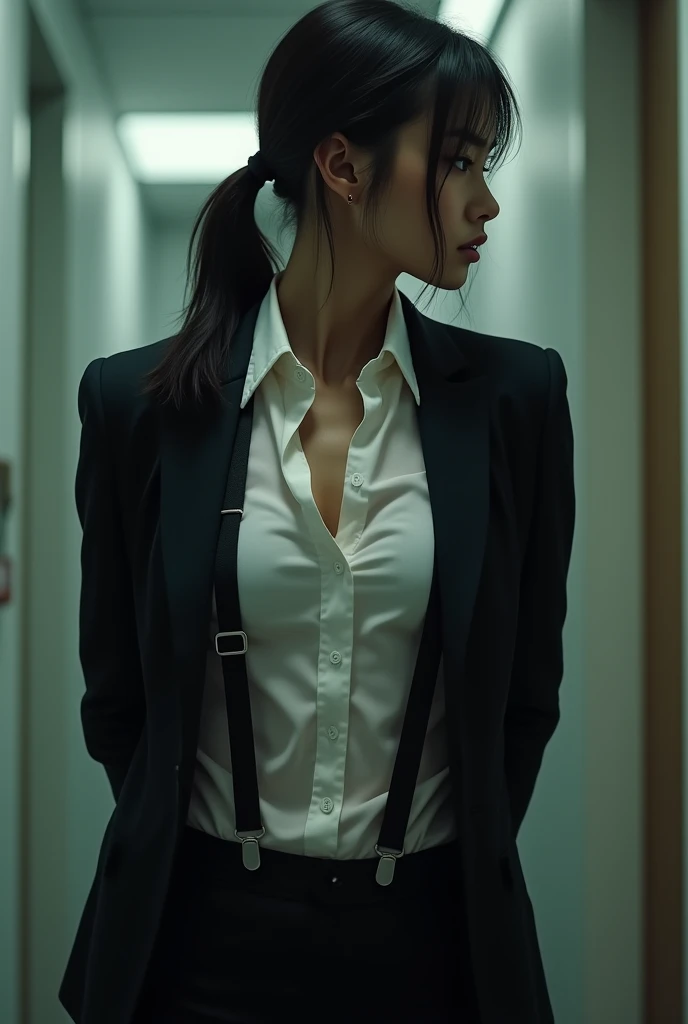 The woman has her hands tied、put your hands behind your back、(((I clasped my hands behind my back)))、a woman in a suit, belt, hands behind back, sweating, suspenders, black pants, sexly, large breasts, see-through clothing,, detective, office worker, white button-up shirt, (best quality,4K,8k,highres,masterpiece:1.2),ultra-detailed,(realistic,photorealistic,photo-realistic:1.37),hyper-detailed,highly detailed face and body, Slender thin suspenders Moderate breasts See-through shirt Nipples holster chain Pistol Armament criminal Female criminal knife japanese profile Japanese women arrested handcuff Cable tie on thumb Constraints