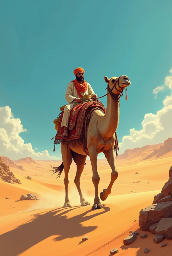 A Marwari trader traveling across a desert on a camel, carrying valuable goods
