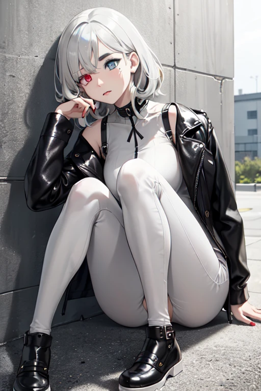 Masterpiece, best quality,extremely detailed,ultra detailed,(one woman,shoulder-length black hair,black leather jacket under a white shirt,leather black pants,(heterochromia,light gray eye,deep black eye:1.5):1.3),(resting her back to a concrete wall:1.3),from front,the whole body,solo,Squinted eyes,black choker,serious face, Beautiful eyes,perfect eyes,perfect hands, perfect finger, perfect legs,