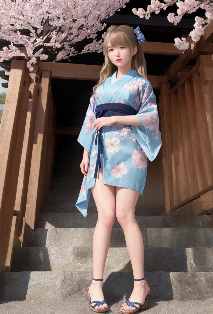 (((masterpiece: 1,5, Highest quality, High resolution, Super Resolution, Super detailed: 1,2, Rich background: 1,4))), (close), (One girl), alone, Green Eyes, blonde long hair tied with blue ribbon, hair ornaments, Blunt bangs, smile, high school girl, Mid-chest, ((null中に手を上げる)), kimono, (Blue short-patterned kimono), Sandals, ribbon, heart, ((Outdoor)), Cherry Blossom, (torii), Stone stairs, null (afternoon), Cherry Blossoms fall, ((Dramatic Light: 1,3)), cloudy, (Mt.Fuji scenery)
