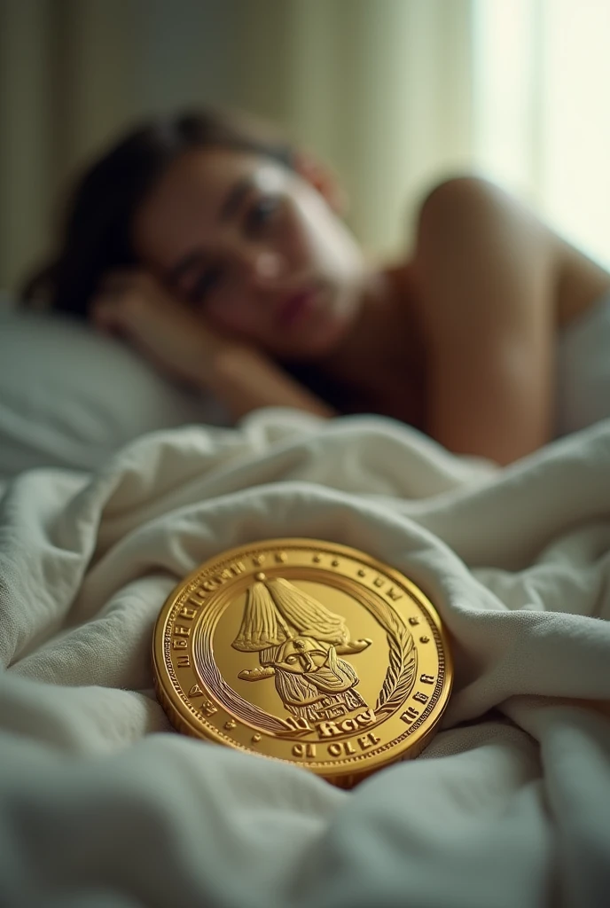 A woman in the background lying on a blurred bed, and in front a more realistic gold medal
