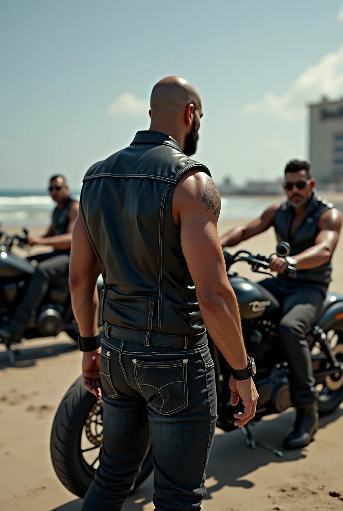 Create me a picture with not too muscular bikers in completely black leather vests without logos, one of them from behind in front of their motorcycles next to their HQ called Blood Ravens on the beach in Los Angeles.