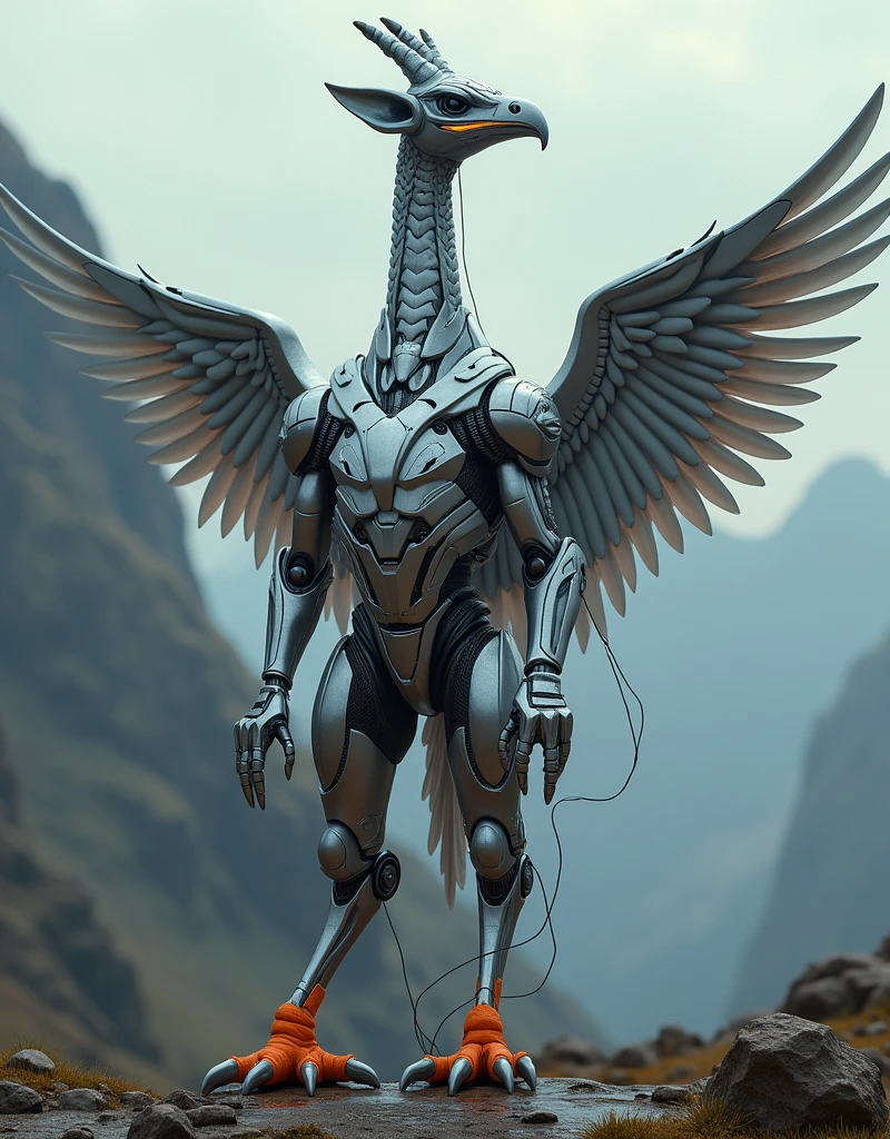 hyper-realistic full body combining Giraffn and eagle, in the style of Tim Burton, surreal 3D rendering, silver armor, cables and wires, neon lights, mountain, surreal, cinematic lighting, photo-realistic, highly detailed, 8k, best quality, intricate details, mechanical parts, glowing elements, dramatic composition, 4k, masterpiece