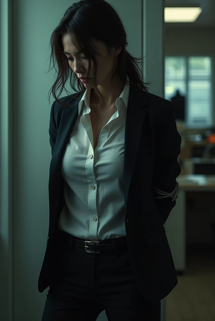 The woman has her hands tied、put your hands behind your back、(((I clasped my hands behind my back)))、a woman in a suit, belt, hands behind back, sweating, suspenders, black pants, sexly, large breasts, see-through clothing,, detective, office worker, white button-up shirt, (best quality,4K,8k,highres,masterpiece:1.2),ultra-detailed,(realistic,photorealistic,photo-realistic:1.37),hyper-detailed,highly detailed face and body, Slender thin suspenders Moderate breasts See-through shirt Nipples holster chain Pistol Armament criminal Female criminal knife japanese profile Japanese women arrested handcuff Cable tie on thumb Constraints