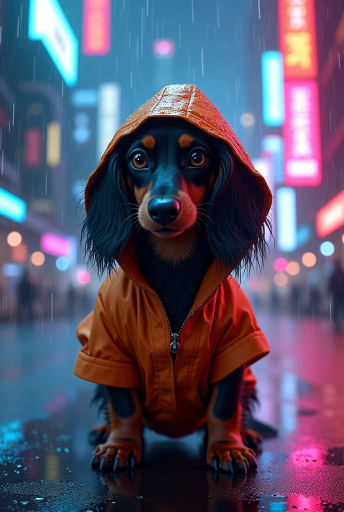 Futuristic city neon night、A long-haired dachshund wearing an arabesque raincoat、With his hood pulled down low, he gazes silently ahead.。Raindrops reflecting off the raincoat、Dachshund&#39;s big eyes sparkle in the neon light。The Dachshund&#39;s fur flutters in the wind、The metallic buildings in the background create a sci-fi atmosphere.。The whole scene has a cool, cyberpunk feel to it.