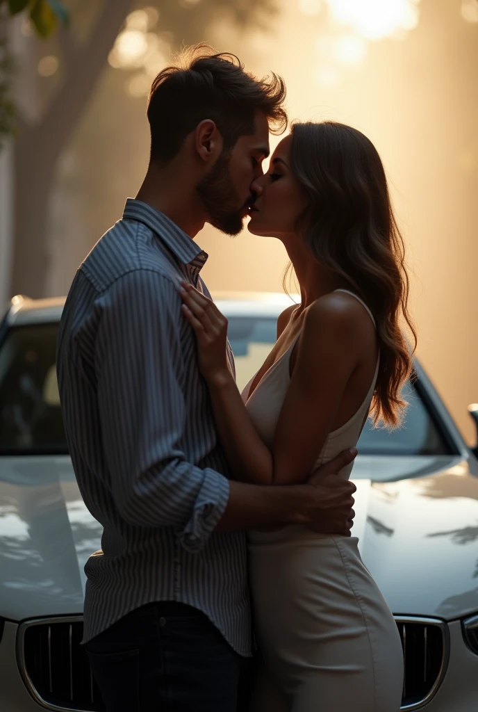 Couple kiss on a car bonet