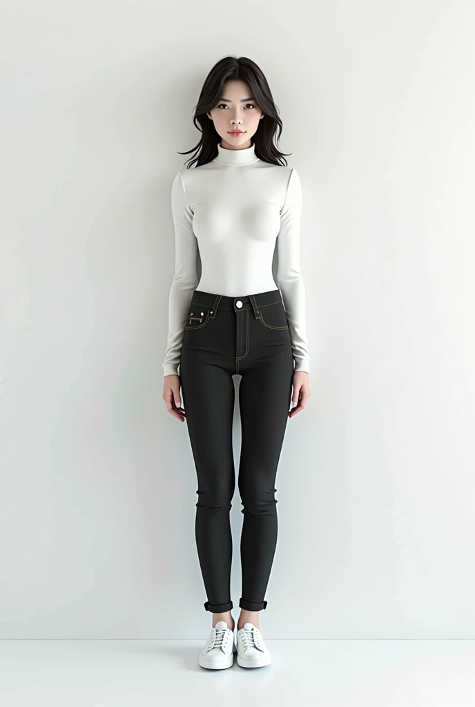 a full body cute woman standing in front of a white wall, trending on cg society, realism, in white turtleneck shirt and black jeans, white shoes,young and cute girl, tight shirt, white outline, white background!!!!!!!!!!, 1 girl, milky white skin,, with backlight, slim waist, high collar