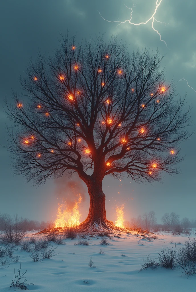 What happens to the acorns when winter comes?

The tree is struck by lightning, and all the acorns burn.