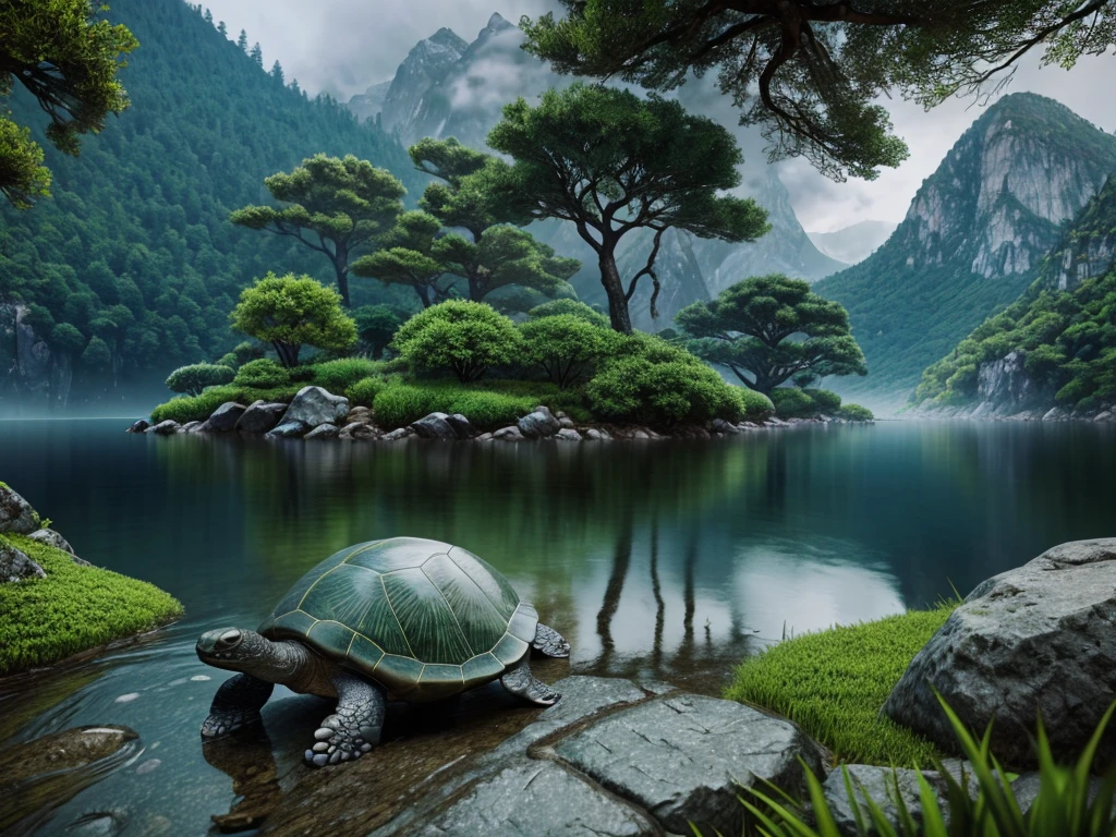 A legendary turtle in the mountains, stone gray shell with green tree pattern, long black snake tail, intelligent and agile movements, controls earth and rocks, creates safe paths, symbol of wisdom and protection, 8k, highly detailed, photorealistic, cinematic lighting, dramatic lighting, vibrant colors, fantasy landscape, lush vegetation, misty mountains, serene lake, dramatic composition