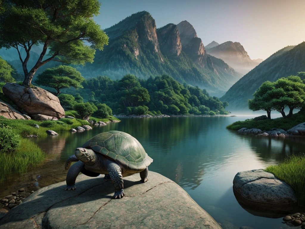 A legendary turtle in the mountains, stone gray shell with green tree pattern, long black snake tail, intelligent and agile movements, controls earth and rocks, creates safe paths, symbol of wisdom and protection, 8k, highly detailed, photorealistic, cinematic lighting, dramatic lighting, vibrant colors, fantasy landscape, lush vegetation, misty mountains, serene lake, dramatic composition