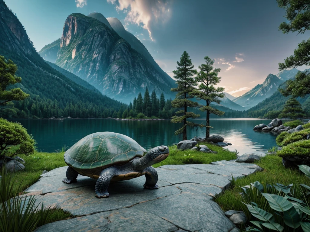 A legendary turtle in the mountains, stone gray shell with green tree pattern, long black snake tail, intelligent and agile movements, controls earth and rocks, creates safe paths, symbol of wisdom and protection, 8k, highly detailed, photorealistic, cinematic lighting, dramatic lighting, vibrant colors, fantasy landscape, lush vegetation, misty mountains, serene lake, dramatic composition