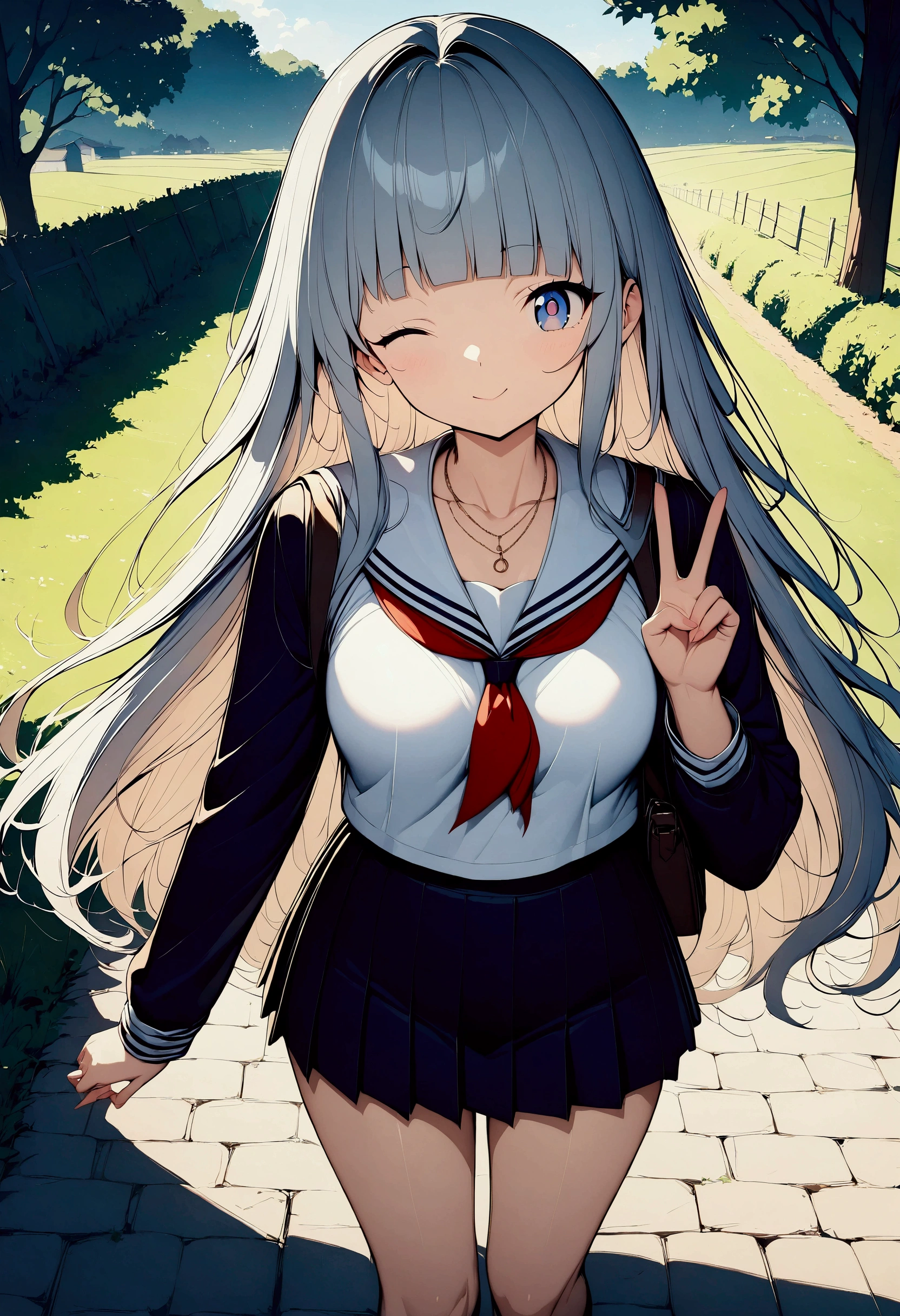 (((anime))) A woman winking,peace sign,cute,student,Long Hair,Fluffy long hair,(Gray Hair),Diagonal bangs,necklace,Blue eyes,Ruri-iro,Big eyes,Sailor suit,mini skirt,stroll,countryside,Going to school,Many fields,sunlight,masterpiece,Highest quality,Exquisite,8k,Absurd,Ultra-fine illustrations,(View your audience)