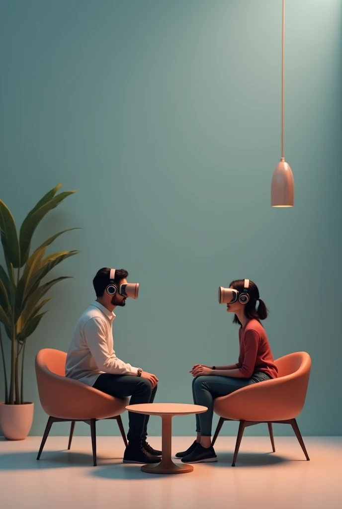 A man and woman setting on the chair in front of circle table to wear headphones