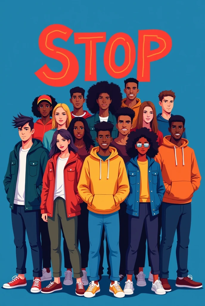 Make a poster of A diverse group of young people standing together, looking strong and confident. The background is a vibrant blue with a stylized “STOP” symbol in red.