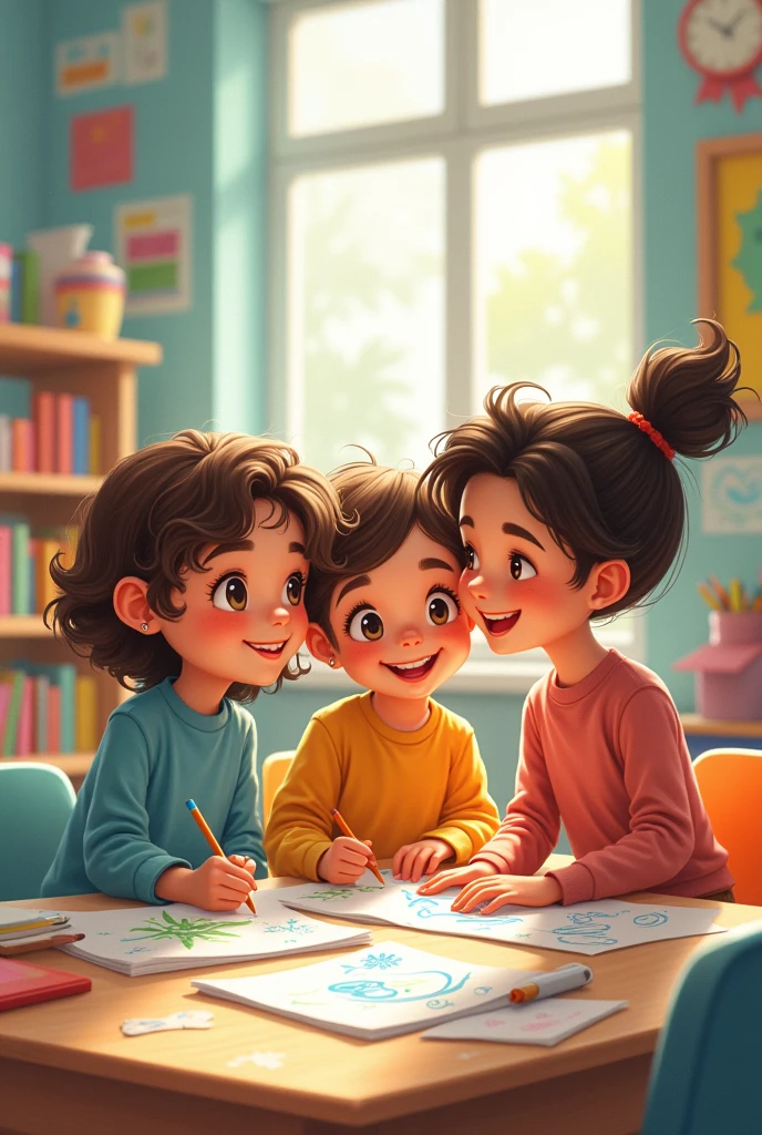 a child and two friends talking in the classroom, drawing style drawing version  