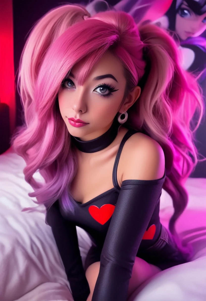 A beautiful detailed young woman with captivating eyes, lush lips, and long eyelashes, dressed in a sexy cosplay outfit inspired by the Pokemon character Team Rocket Jessie, posing playfully with her back towards the viewer, set against the backdrop of an anime-themed bedroom with vibrant colors and soft lighting, (best quality,4k,8k,highres,masterpiece:1.2),ultra-detailed,(realistic,photorealistic,photo-realistic:1.37),1girl,detailed face,beautiful detailed eyes,beautiful detailed lips,extremely detailed eyes and face,longeyelashes,playful pose,butt towards viewer,anime themed bedroom,colorful,soft lighting,cosplay,team rocket jessie,pokemon,cute adult woman,sexy