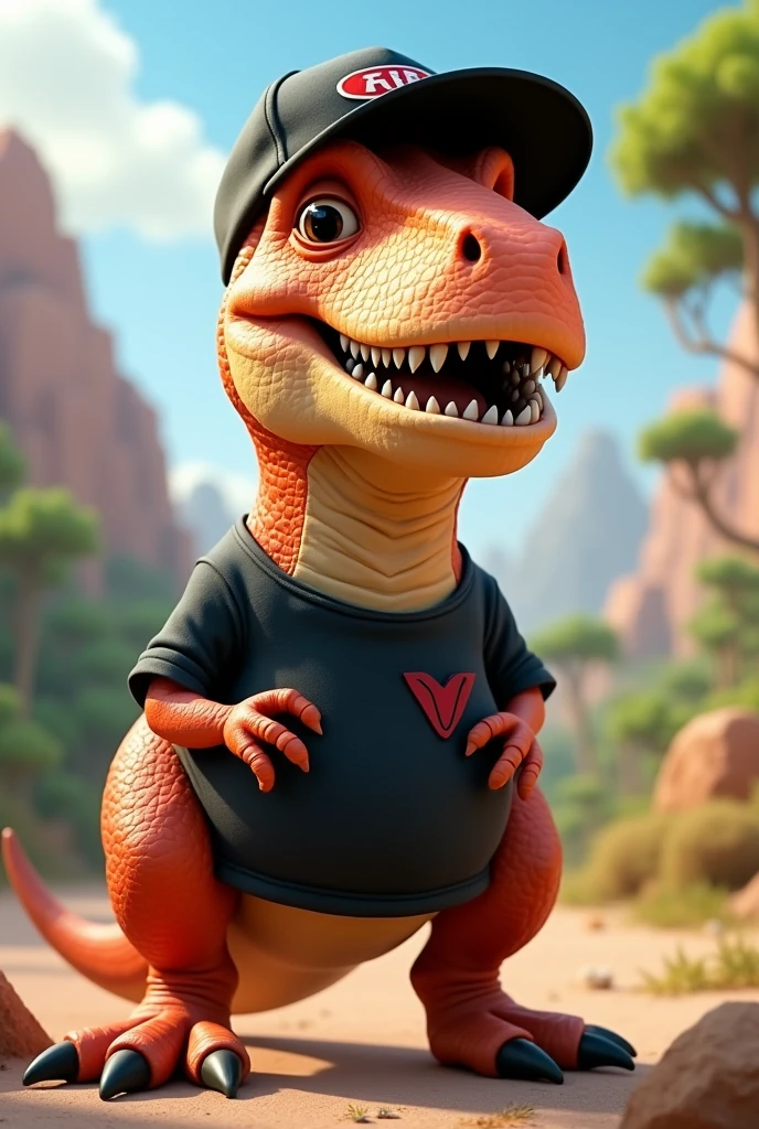 An animated TRex dinosaur with a black cap and t-shirt