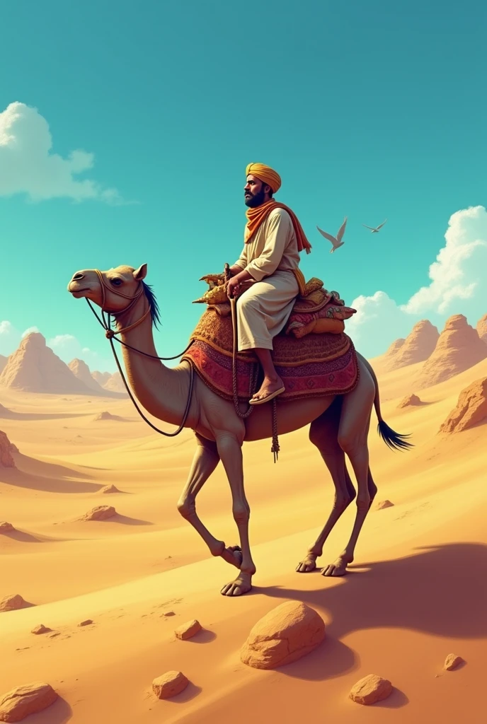 A Marwari trader traveling across a desert on a camel, carrying valuable goods