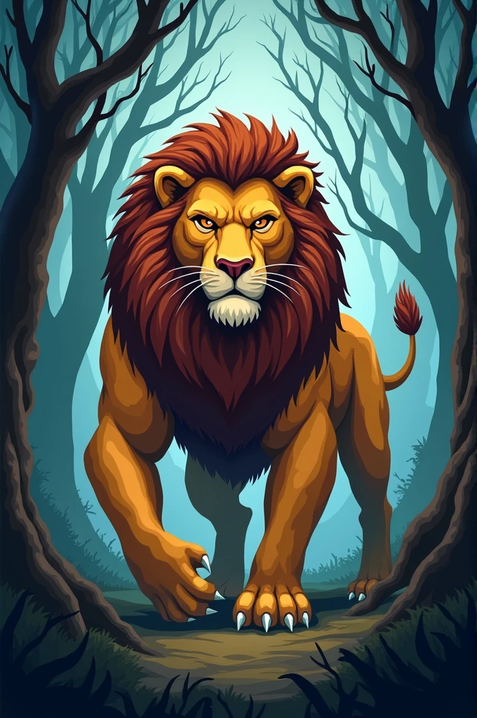 Make me a fierce and muscular lion character with a scary forest scene like a cartoon