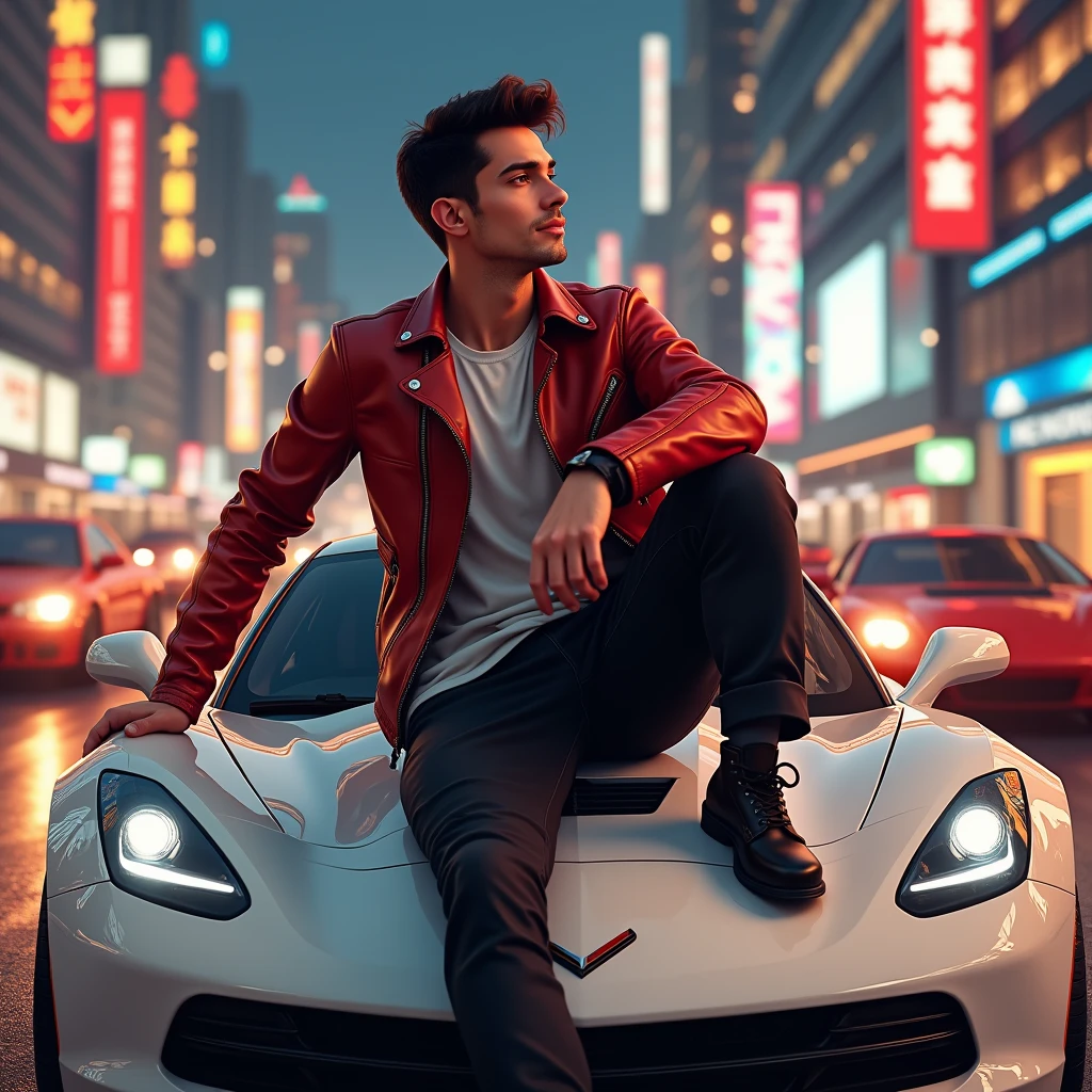 (photorealism:1.2), handsome young man, sitting on a white racing car, wearing red leather jacket, black cargo pants, short black hair, outdoors, soft lighting, cars and city lights in background, relaxed pose, realistic, intricate details, warm colors.