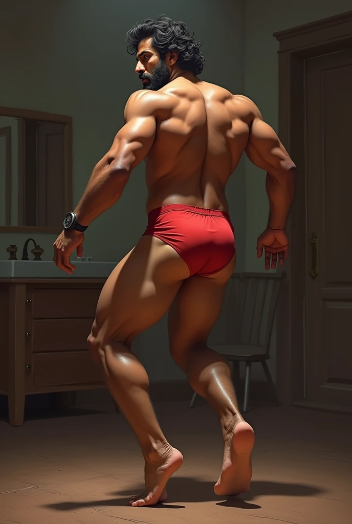 A realistic illustration of indian Hunk man with beard wearing red thong dancing in the room with big ass
