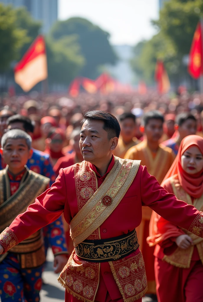 Big Malaysia's intelligence day celebration with a flag and traditional costumes for chinese, malays and indians at the Dataran Merdeka