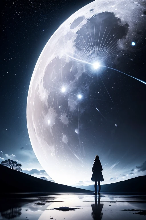 Highest quality,Big moon and shadow,A silhouette of a person can be seen against the backdrop of a large moon.,There is one full moon,There is a mood,Beautiful scenery,Starry Sky