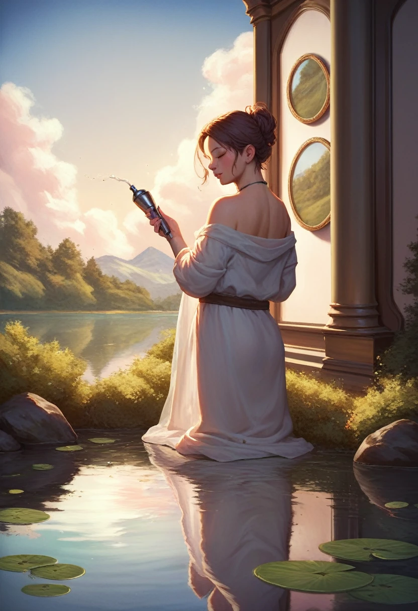  oil painting, evening Pond, beutifull landscape, reflection in  a beautiful water nymph wearing a loose tunic, the bottom of which spreads on the surface of the water,  detailed, Masterpieces,