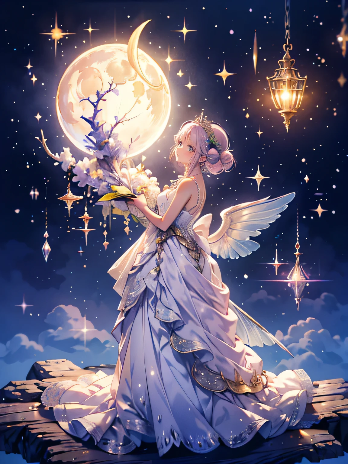 (best quality, masterpiece, Very detailed, Very detailed, Beautifully, 16K,Full HD),A little closer,Golden Ratio,Dramatic Lighting,Pastel colors,contour,Soft lighting, ((from the side,Solitary:1.5)),((Standing,Touch the sky:1.2)),((Moonlit Night,new moon,Beautiful moon)),Starry Sky,meteor群,meteor,(Fairy tale princess, Purple Eyes, Long eyelashes,White skin,Slim,Light pink plump lips,Pale pink cheeks, The wind is blowing,White fluffy hair,Slender,(High and pointed nose,Small nose),(Giant fairy wings sprouted from above her waist.),Silver Jewelry,Diamond Tiara,Diamond Earrings,Diamond Earrings,Diamond necklace,(Silver Ball Gown:1.1), Silver lace and ruffles, (fantasy, Romantic atmosphere),