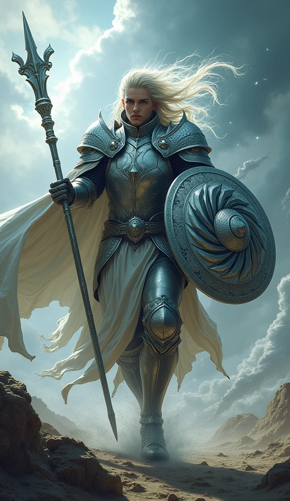 A fierce full-body action shot of "Tempest Knight," a warrior who commands the fiercest winds. He is dressed in shining, silver armor with intricate patterns that resemble swirling winds. His long, wild hair and cape are constantly whipped around by the powerful gusts he controls. In one hand, he wields a lance that crackles with wind energy, and in the other, a round shield adorned with the emblem of a hurricane. The background is a chaotic storm, with tornadoes and gusts of wind tearing through the landscape, amplifying his power.
