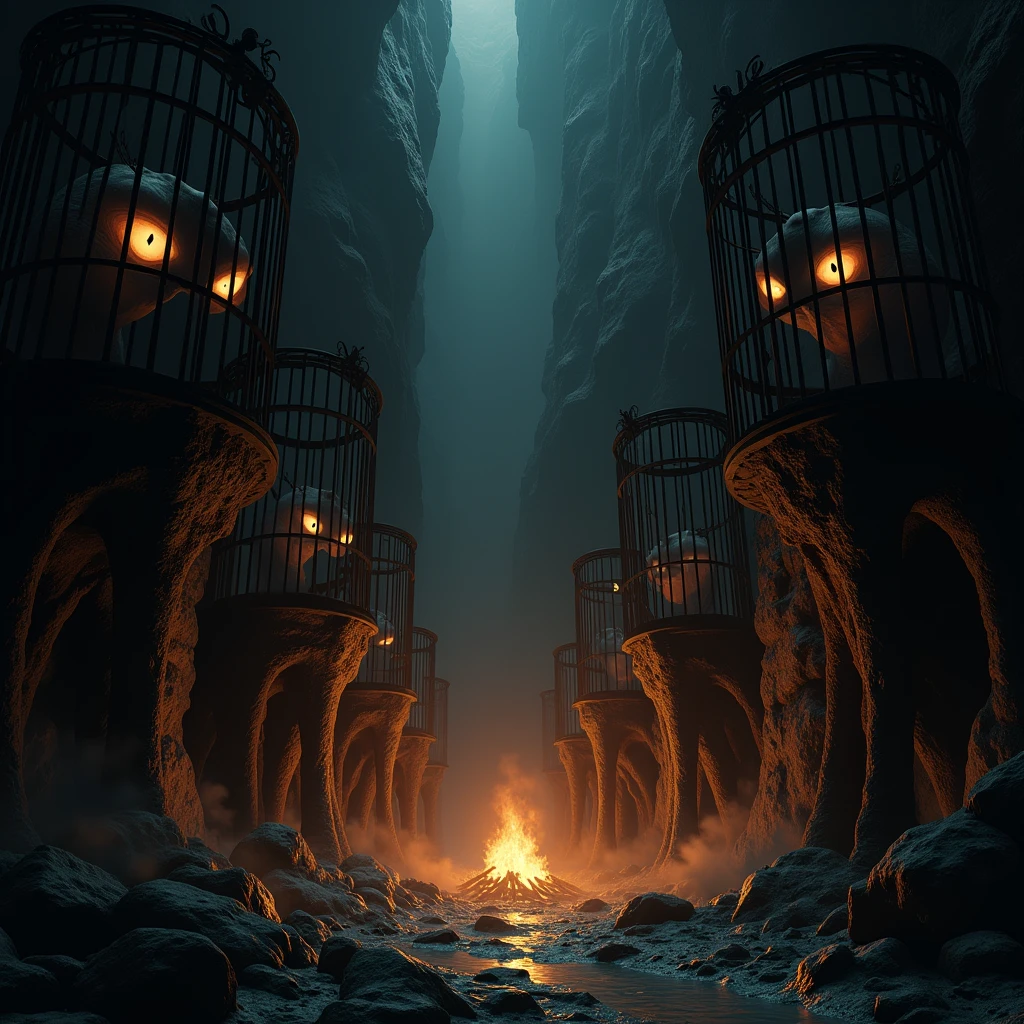 Inside the cave are rows of huge cages, each cage containing a terrifying monster. A burning fire of hunger is seen from the eyes of the demons. Mysterious shadows and darkness surround the cages.

