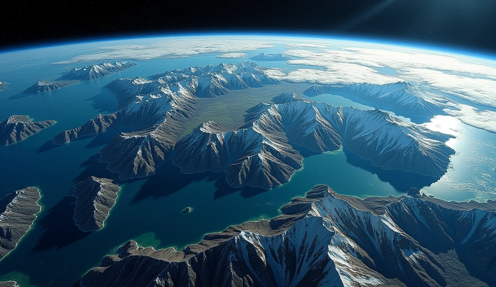 A view of Earth from space, highlighting its blue oceans, green continents and snow-capped mountains. The image must convey the beauty and fragility of our planet, with a special focus on the diversity of life that inhabits the Earth, from the rainforests to the deep oceans."