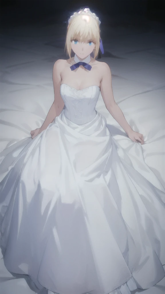 Highest quality, masterpiece, High resolution, alone, one girl in a white wedding dress,, only_shoulder,, white_skirt,Yellow Hair ,, Strapless, Large breasts, Things to know, Blue ribbon