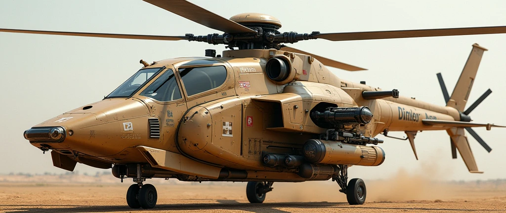 (photorealism:1.2), futuristic sci-fi military transport helicopter, advanced tech, heavy armored, heavy machine gun, light brown cammo painting,
