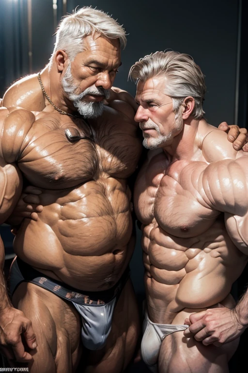 Hyperrealistic image of two African men on the cover of a gay erotic magazine kissing, posing as very muscular superheroes with grey hair, very old and very sweaty bodybuilder over 80 years old..very muscular and fat, He weighs more than 200 kilos with a naked torso., large and flaccid pectorals, Brown nipples and a big grey mustache at a bodybuilding tournament dressed in white latex thongs 