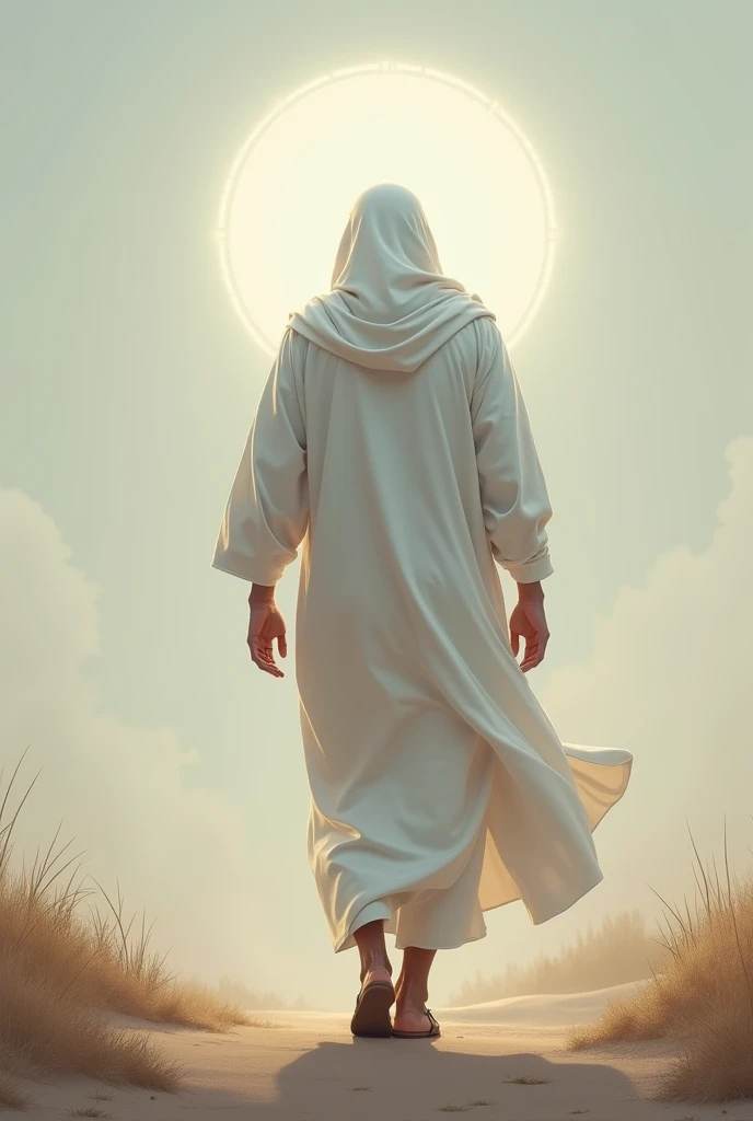 A beautiful, handsome, brave and allah messenger man in a white dress walking forward without showing face. I am only seeing his back