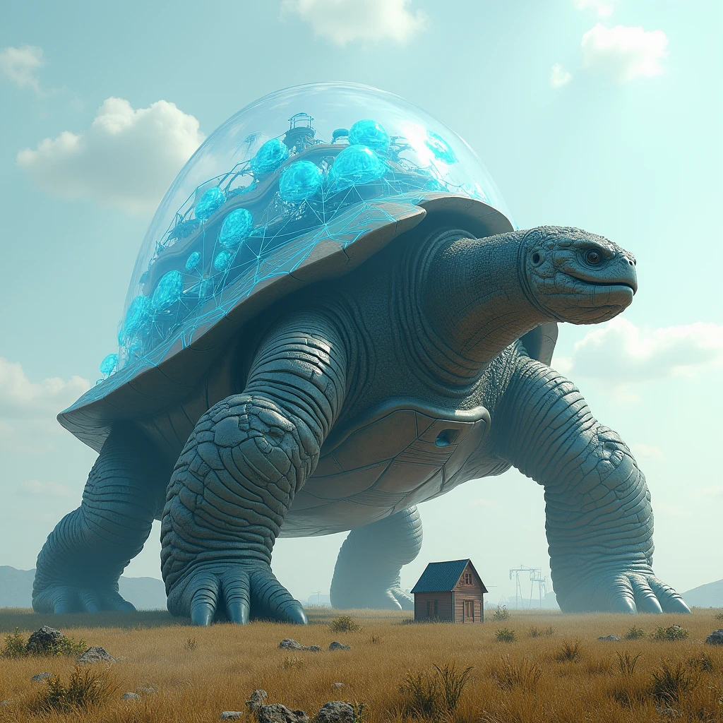 A giant dragon-like turtle, 3D Rendering, Ultra-fine detail, high quality, High resolution, 最high quality,Large photochemical barrier,A spherical barrier that covers the entire body of the turtle,AT Field,Electromagnetic Barrier,Blue Barrier、Distorting space,Geometric Shield,(A barrier that covers the entire turtle 3),Small Building