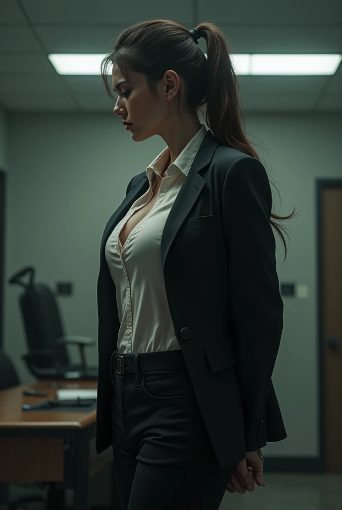 The woman has her hands tied、put your hands behind your back、(((I clasped my hands behind my back)))、a woman in a suit, belt, hands behind back, sweating, suspenders, black pants, sexly, large breasts, see-through clothing,, detective, office worker, white button-up shirt, (best quality,4K,8k,highres,masterpiece:1.2),ultra-detailed,(realistic,photorealistic,photo-realistic:1.37),hyper-detailed,highly detailed face and body, Slender thin suspenders Moderate breasts See-through shirt Nipples holster chain Pistol Armament criminal Female criminal knife japanese profile Japanese women arrested handcuff Cable tie on thumb Constraints
