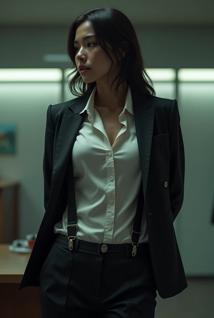 The woman has her hands tied、put your hands behind your back、(((I clasped my hands behind my back)))、a woman in a suit, belt, hands behind back, sweating, suspenders, black pants, sexly, large breasts, see-through clothing,, detective, office worker, white button-up shirt, (best quality,4K,8k,highres,masterpiece:1.2),ultra-detailed,(realistic,photorealistic,photo-realistic:1.37),hyper-detailed,highly detailed face and body, Slender thin suspenders Moderate breasts See-through shirt Nipples holster chain Pistol Armament criminal Female criminal knife japanese profile Japanese women arrested handcuff Cable tie on thumb Constraints