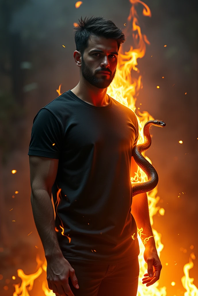 Snake in hand and fire on human body black t shirt 